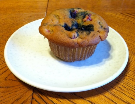 Rhubarb, white, and blueberry muffin